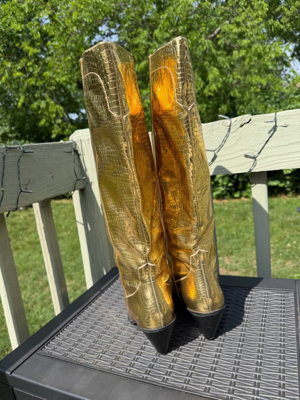 Amazon Gold Metallic Croc-Embossed Women's Knee-High Boots - Picture 3 of 7